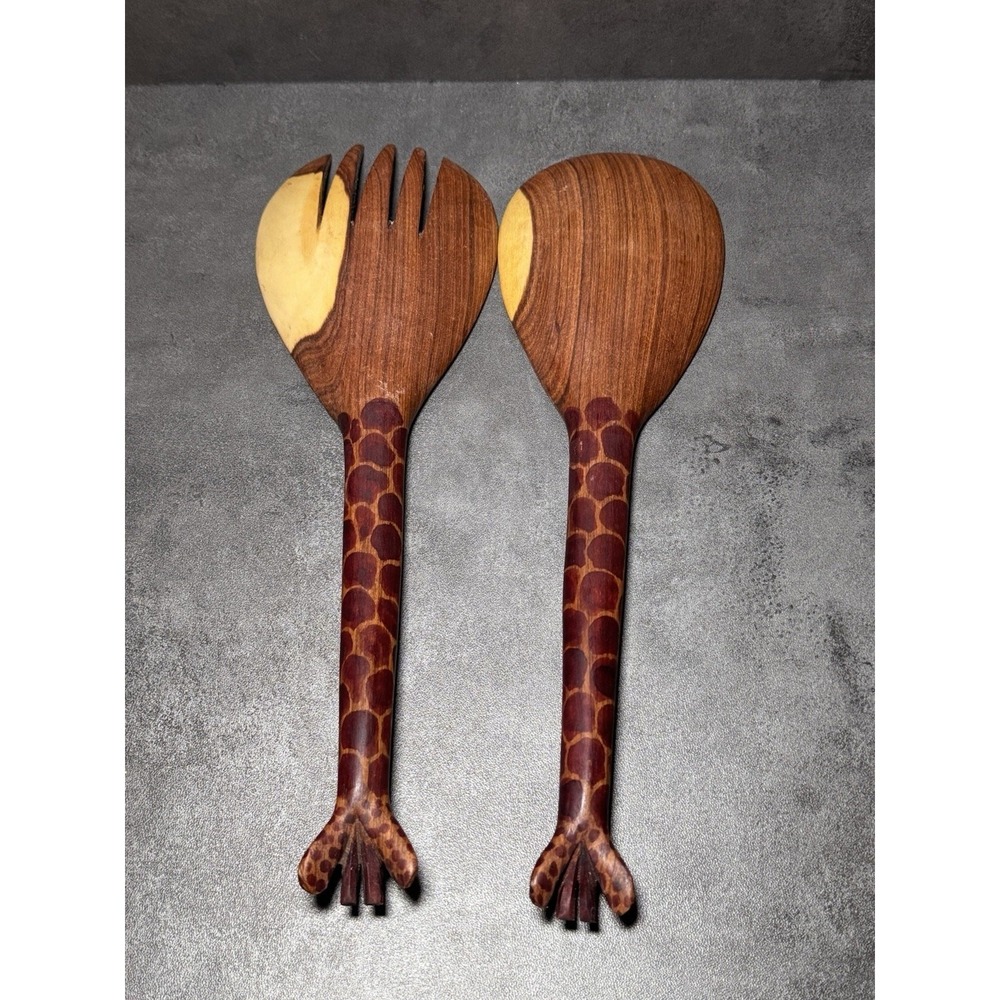 Hand Carved Wooden Giraffe Salad Servers Set 2pc Safari Animal Decor 12in - Picture 6 of 6